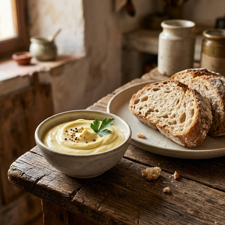 Cuenco de cerámica con alioli de mostaza cremoso, semillas de mostaza y una hoja de perejil, junto a rebanadas de pan rústico