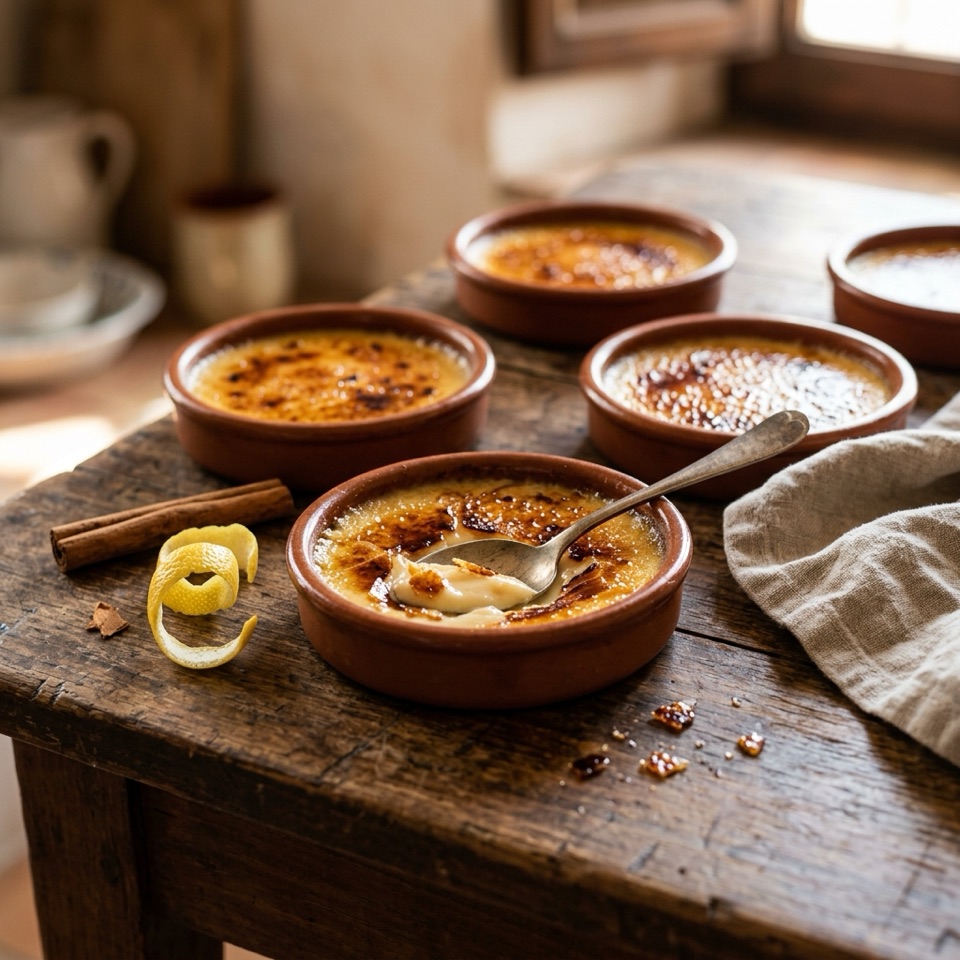 Cazuelitas de barro con crema catalana de azúcar caramelizado, una con la costra rota con una cuchara