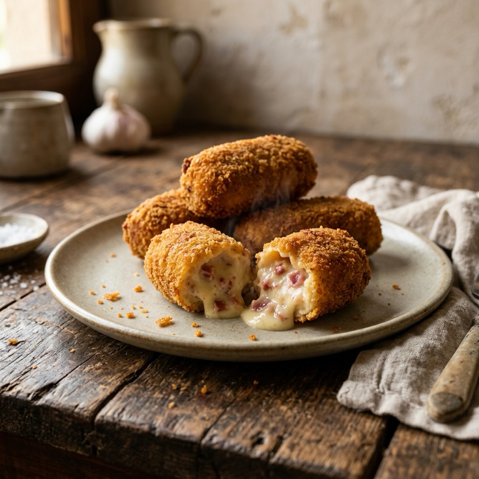 Croquetas doradas de jamón en un plato de cerámica, una partida mostrando el interior cremoso