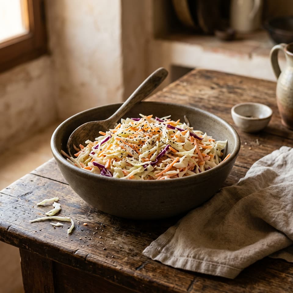Cuenco de ensalada de col con zanahoria y un poco de col lombarda, con una cuchara de madera, sobre una mesa rústica