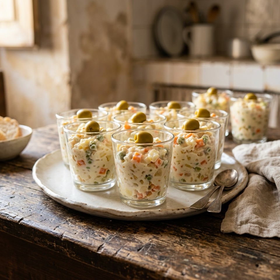 Vasitos de cristal con ensaladilla de patata y zanahoria, con una aceituna encima, en una bandeja