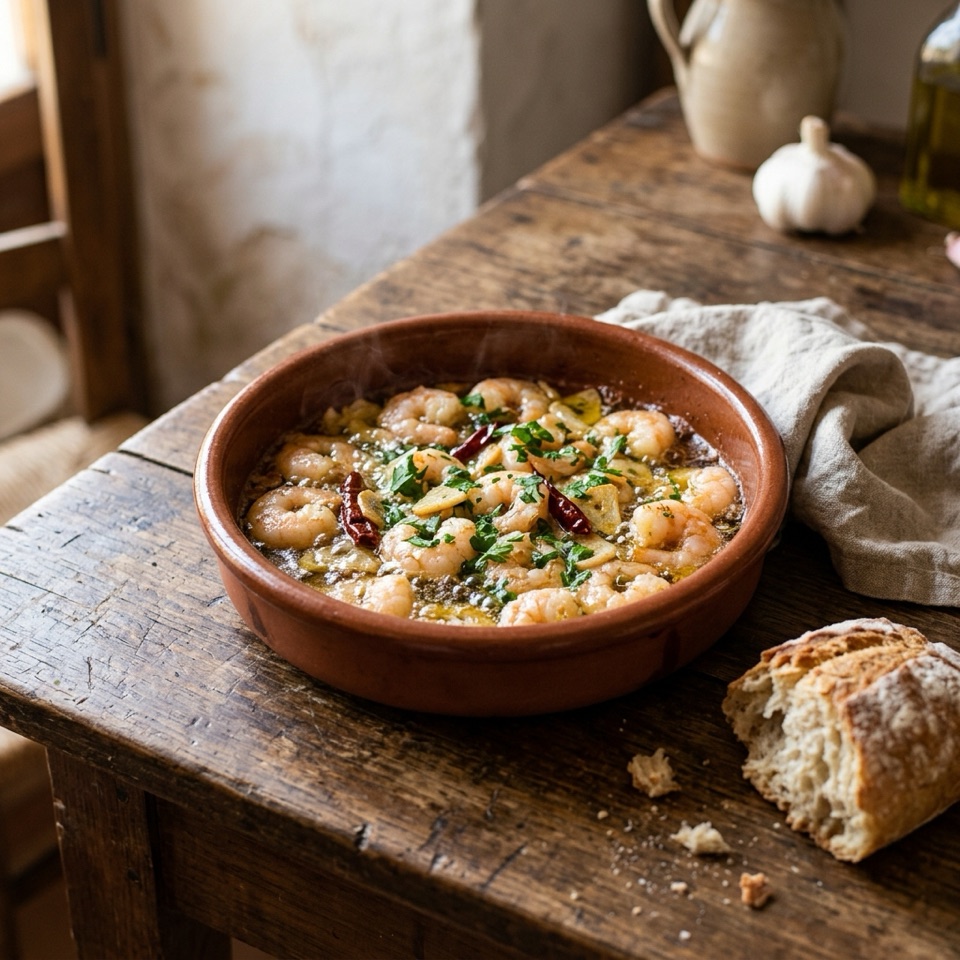 Cazuela de barro con gambas al ajillo en aceite chisporroteante con ajo y perejil