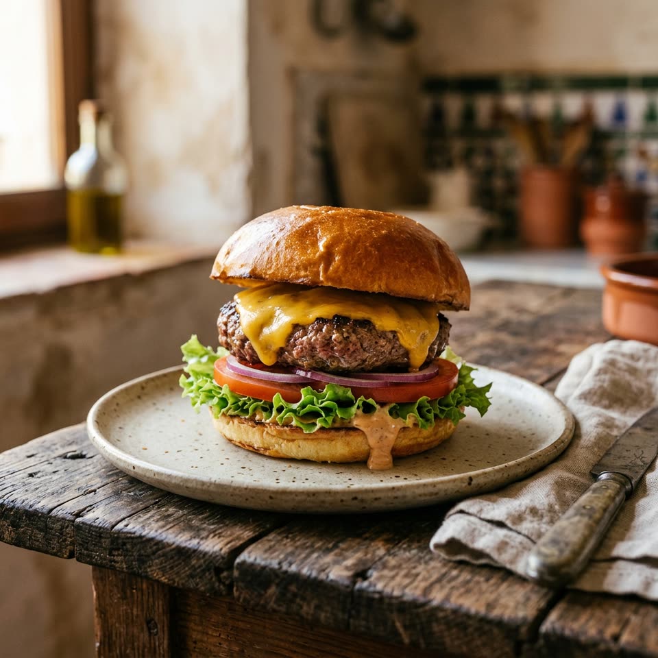 Hamburguesa con queso fundido, lechuga, tomate y cebolla morada sobre un plato de cerámica, en una mesa de madera