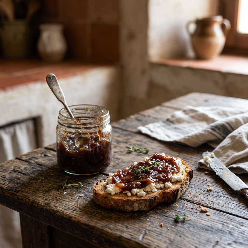 Tarro de cristal con mermelada de cebolla oscura y brillante y una cuchara, junto a una tostada con queso fresco y mermelada