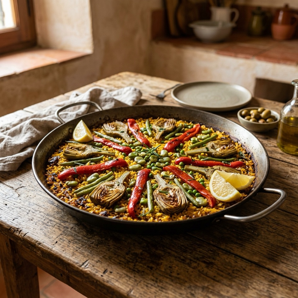 Paella de verduras con alcachofas, judías verdes y pimiento rojo en una paellera, con limón
