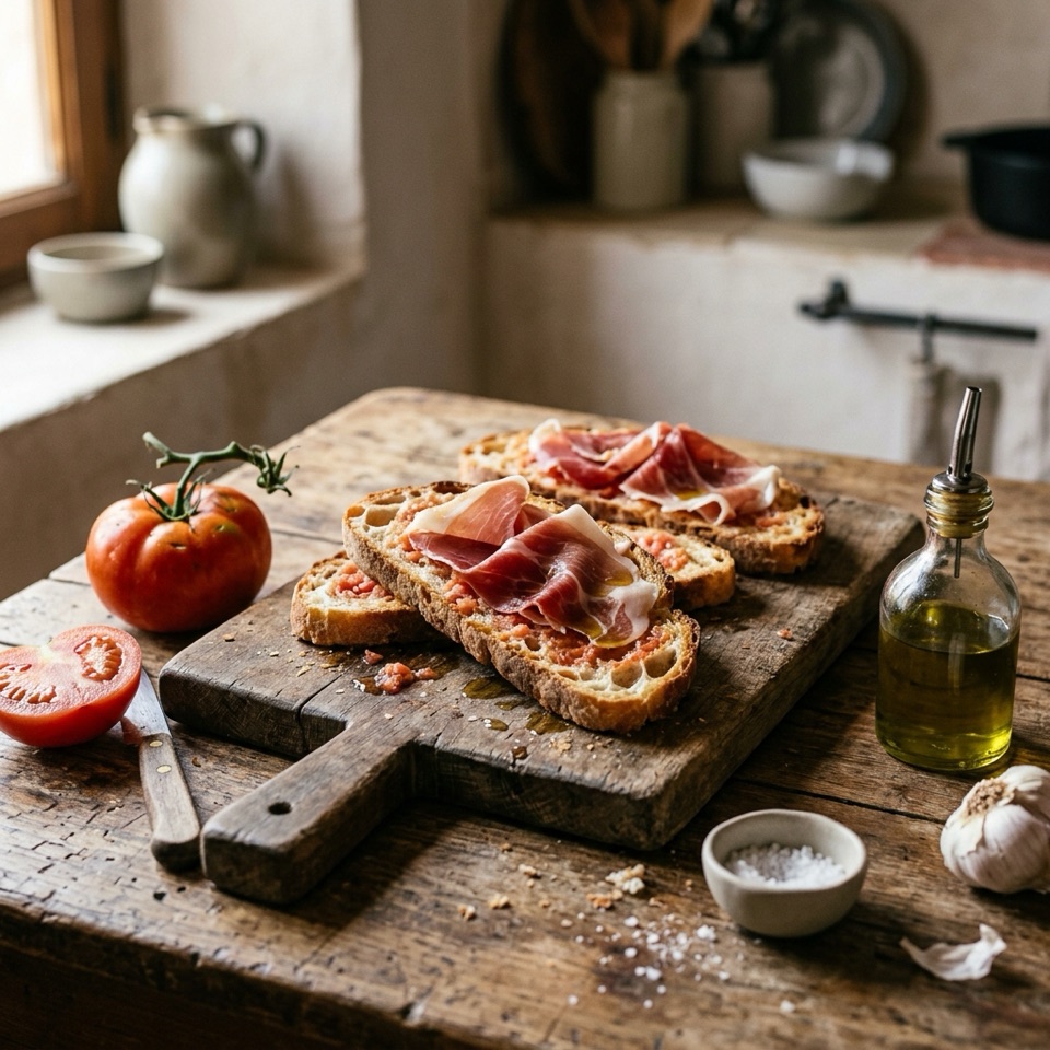 Rebanadas de pan tostado con tomate rallado y jamón serrano en una tabla de madera, con un tomate y aceite de oliva