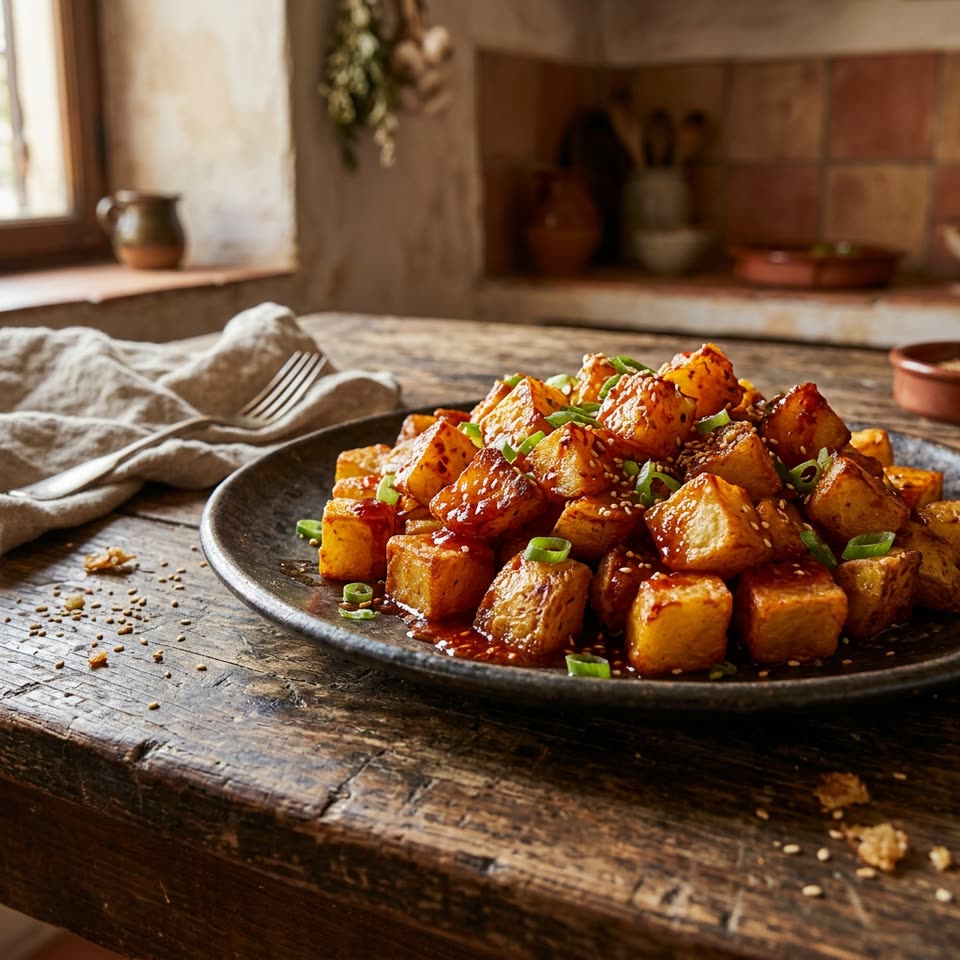 Dados de patata dorados con salsa de chile brillante, sésamo y cebolleta en un plato oscuro sobre una mesa de madera