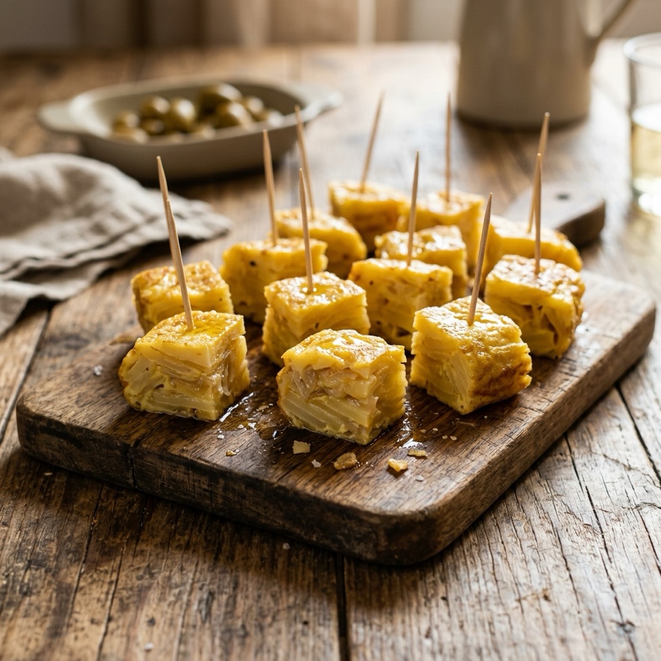 Dados de tortilla de patatas dorada con palillos de madera sobre una tabla, junto a una ventana con luz natural