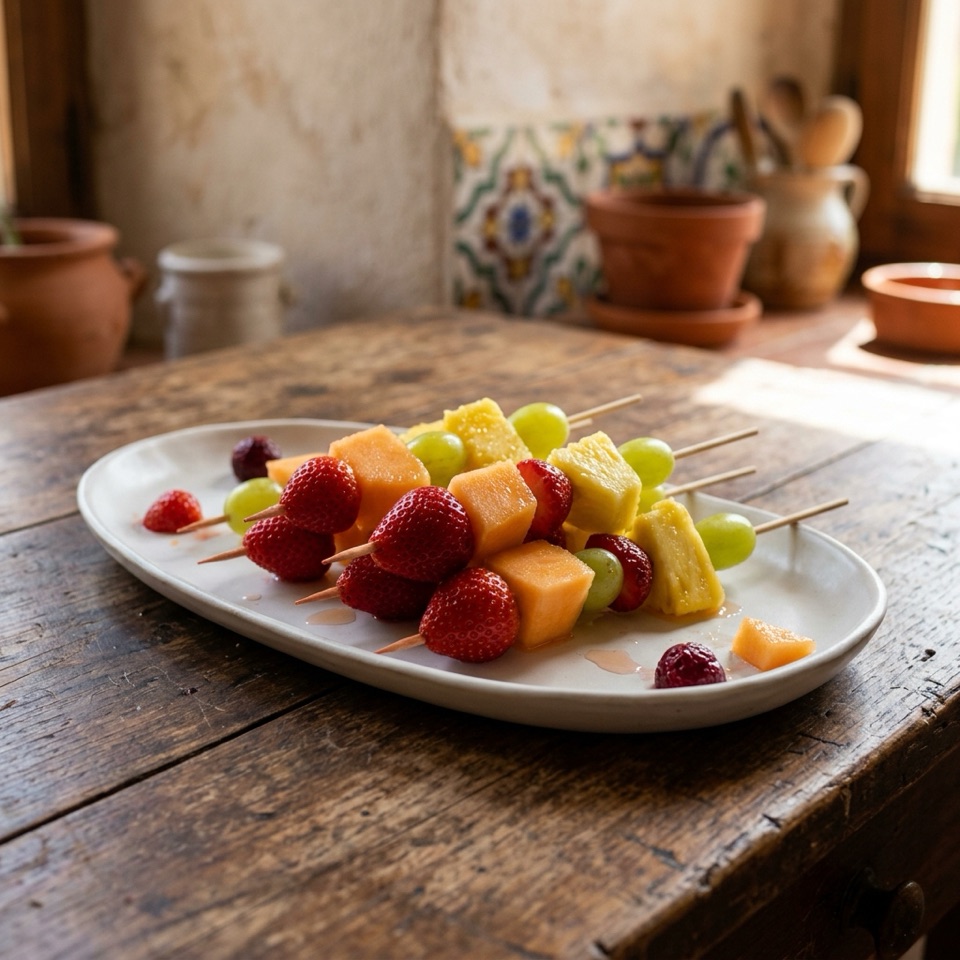 Brochetas de fresa, melón, piña y uva sobre una bandeja de cerámica blanca
