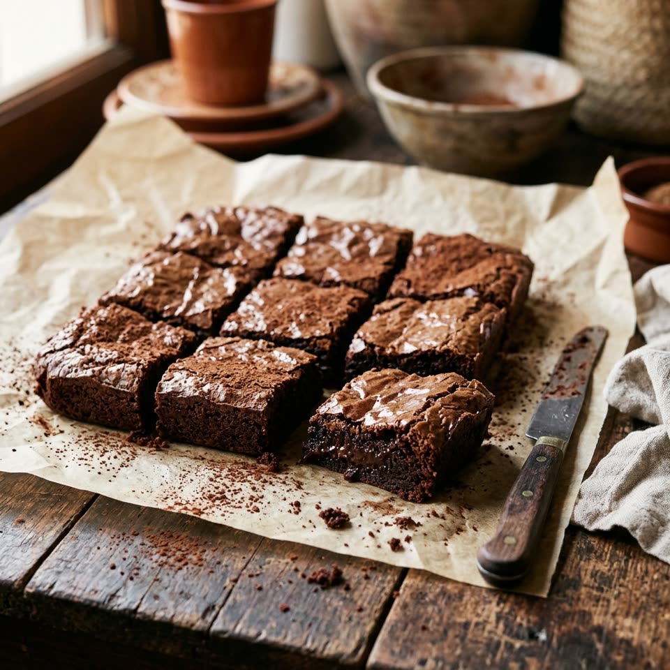 Brownies de chocolate cortados en cuadrados sobre papel de horno, con cacao espolvoreado, un cuchillo y un paño de lino