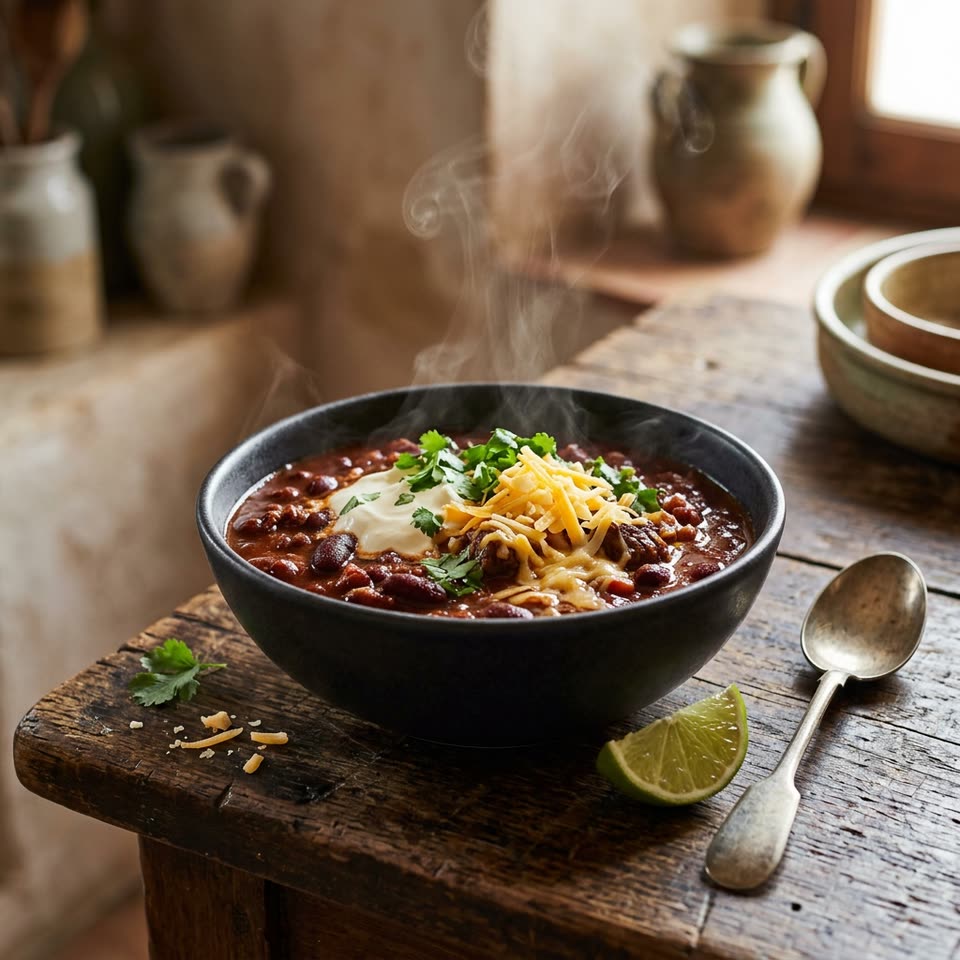 Cuenco negro de chili con carne con alubias, crema, queso rallado y cilantro, con una rodaja de lima y una cuchara