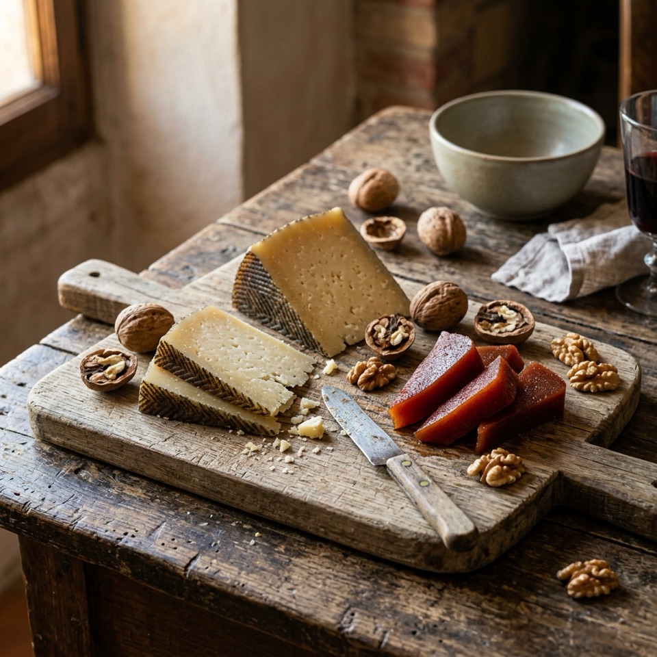 Tabla de queso manchego en cuñas con dulce de membrillo y nueces sobre madera
